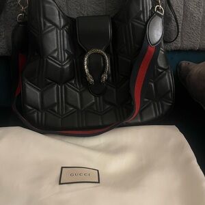 Gucci Black Quilted Leather Shoulder Bag with Red and Blue Web Strap